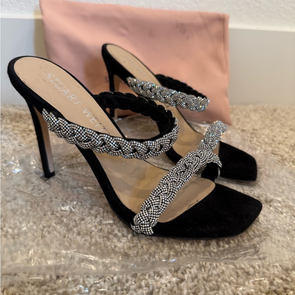 Stuart Weitzman Black and Silver Braided Suede Heels